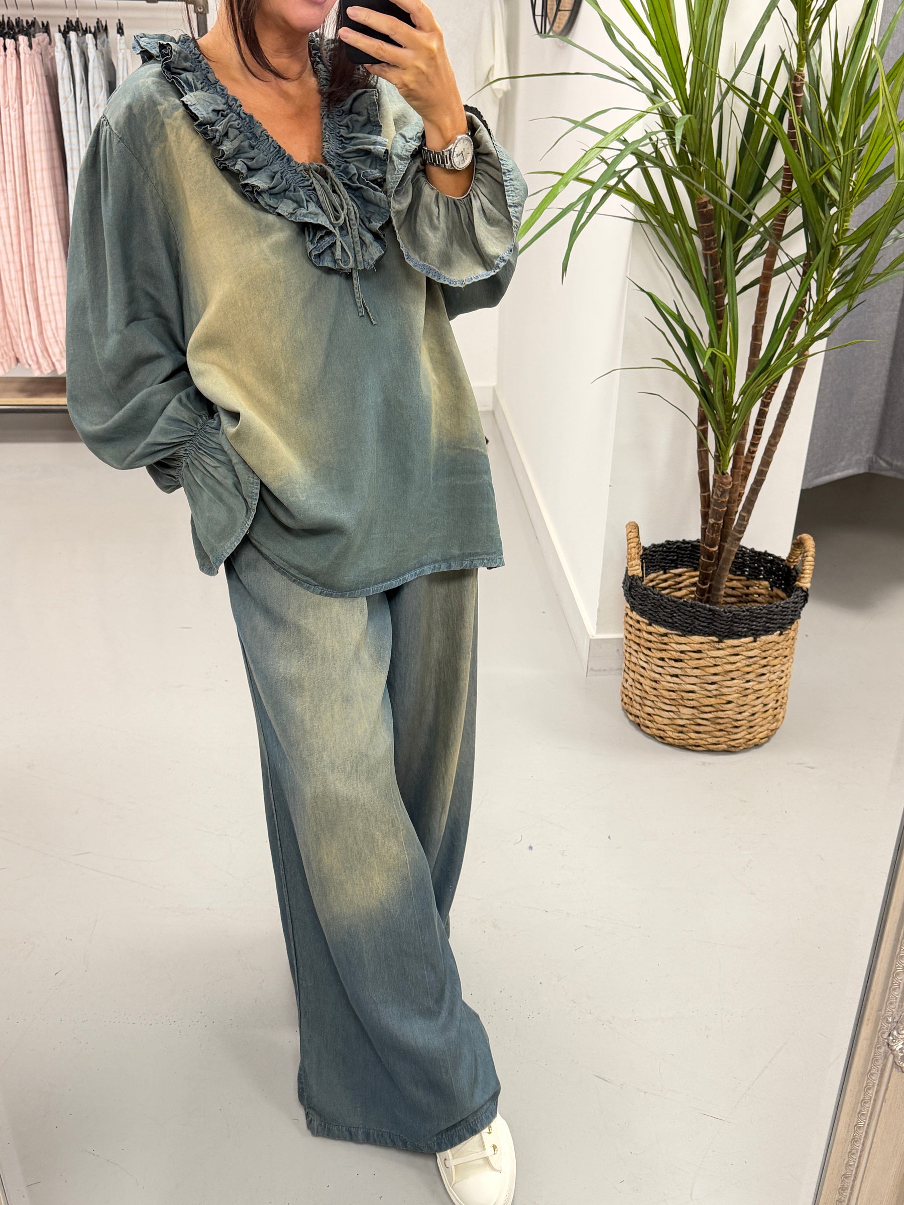 Deniably Denim Ruffle Tie Blouse - Distressed Denim Special Price no returns