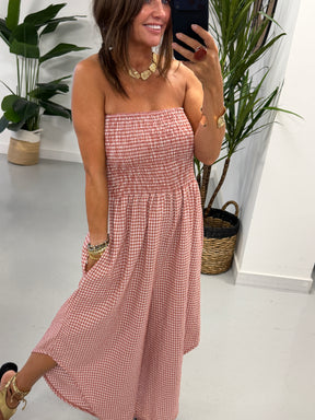 Gingham Genie Bandeau Jumpsuit  -Raspberry