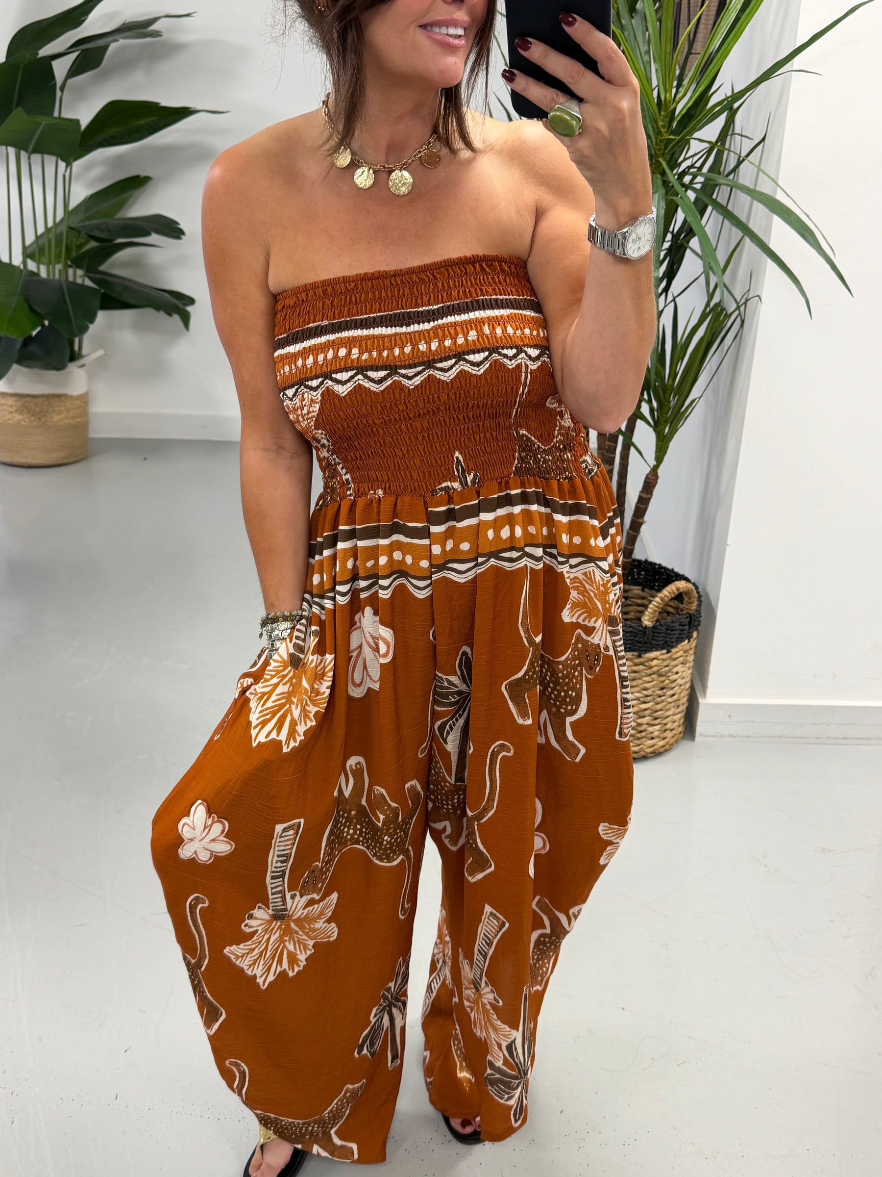 Funky Animal Bandeau Jumpsuit -Rust