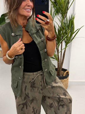 Denim Military Waistcoat - Khaki