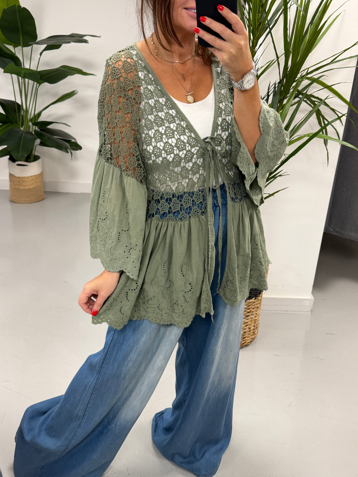 Sorrento Crochet/Broderie Tie Front  - Khaki