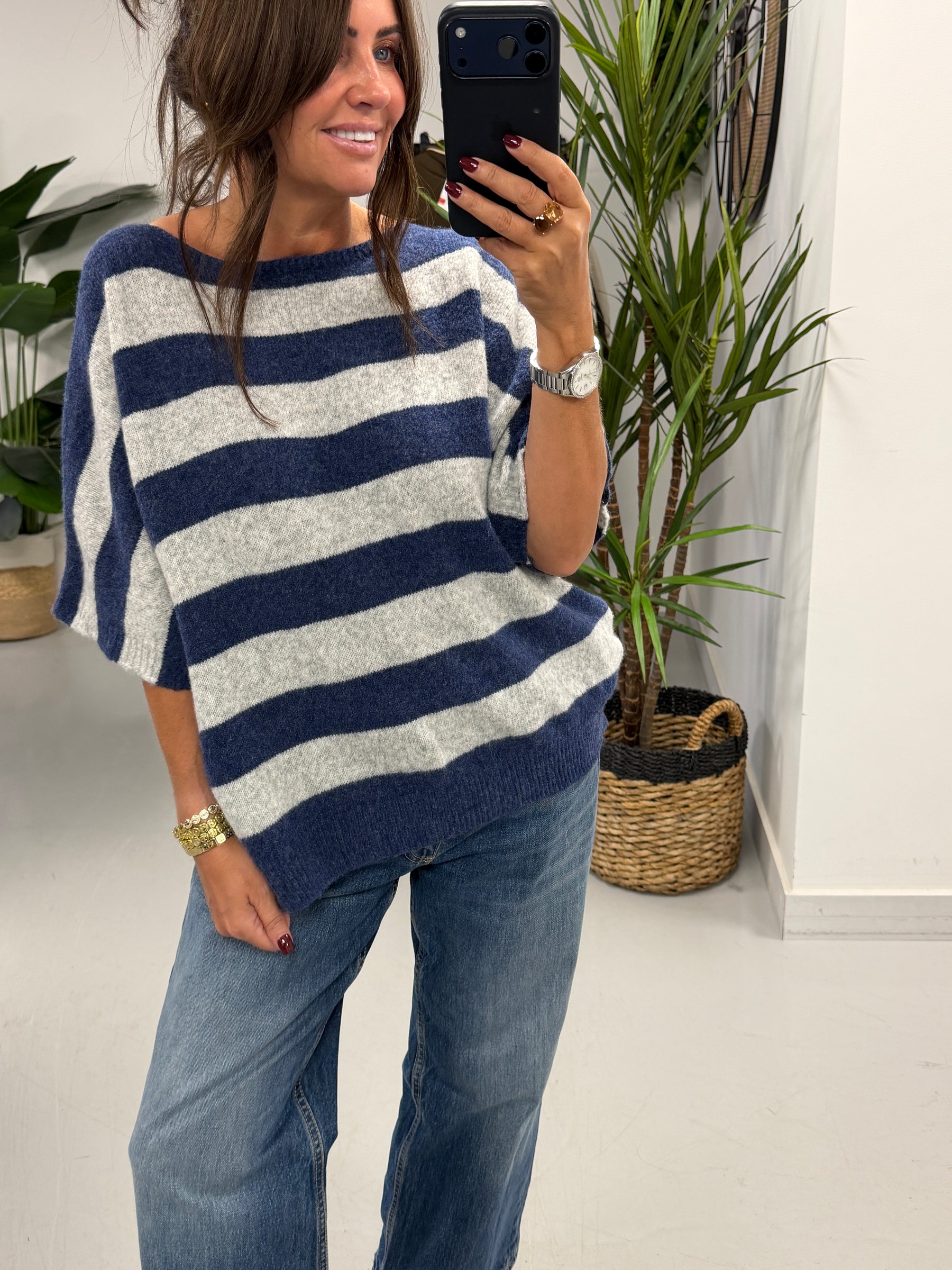 The Boat Neck Stripy Knit - Blue/Grey (Size 8-16)