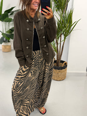 Zip Up Denim Military Jacket - Chocolate
