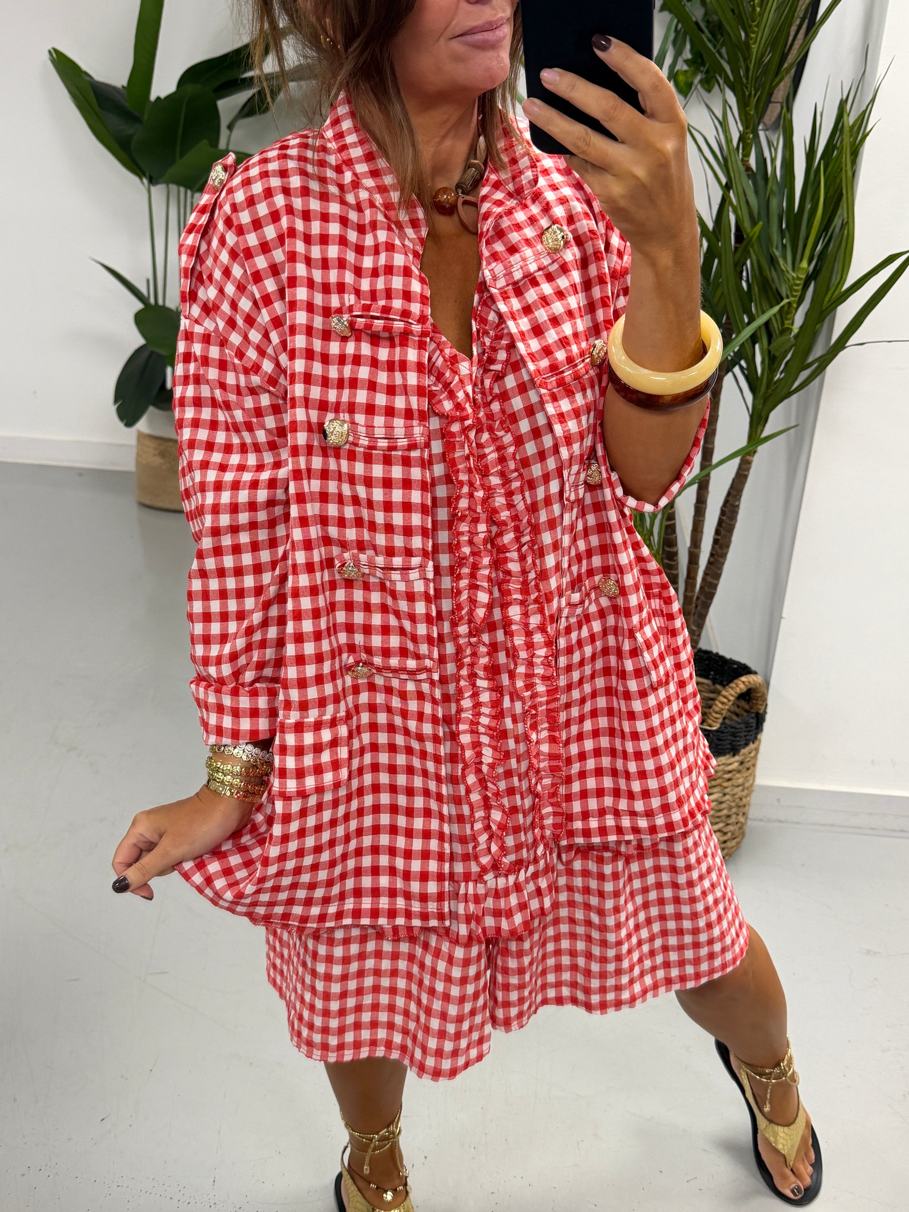 Gingham Military Jacket - Red