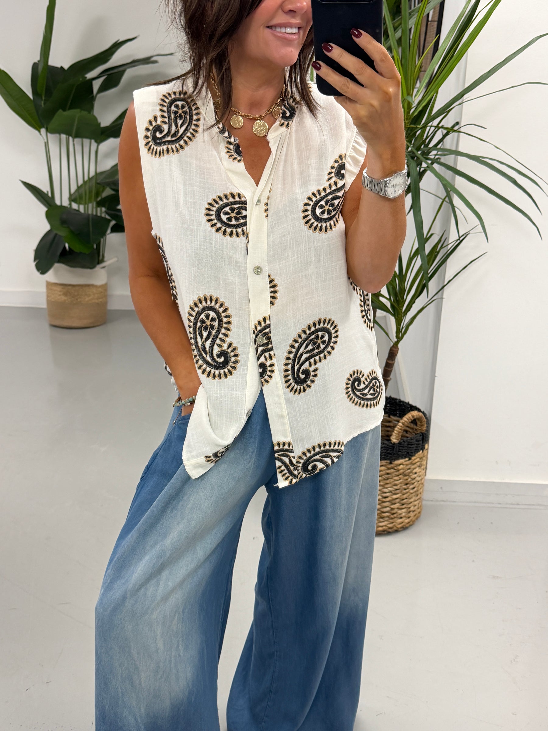 The Paisley Cotton Sleeveless Blouse - Black