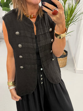 Linen Military Waistcoat - Black