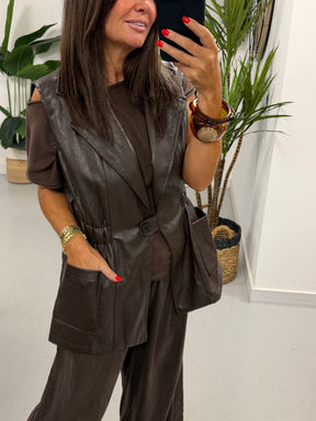 Soft Touch PU Gilet - Chocolate