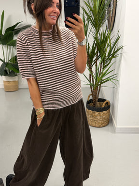 Stripe Crop Sleeve Knit  - Chocolate/Pink (Size 8-14)
