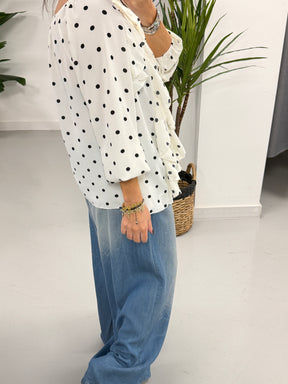 Dotty Waterfall Blouse - White