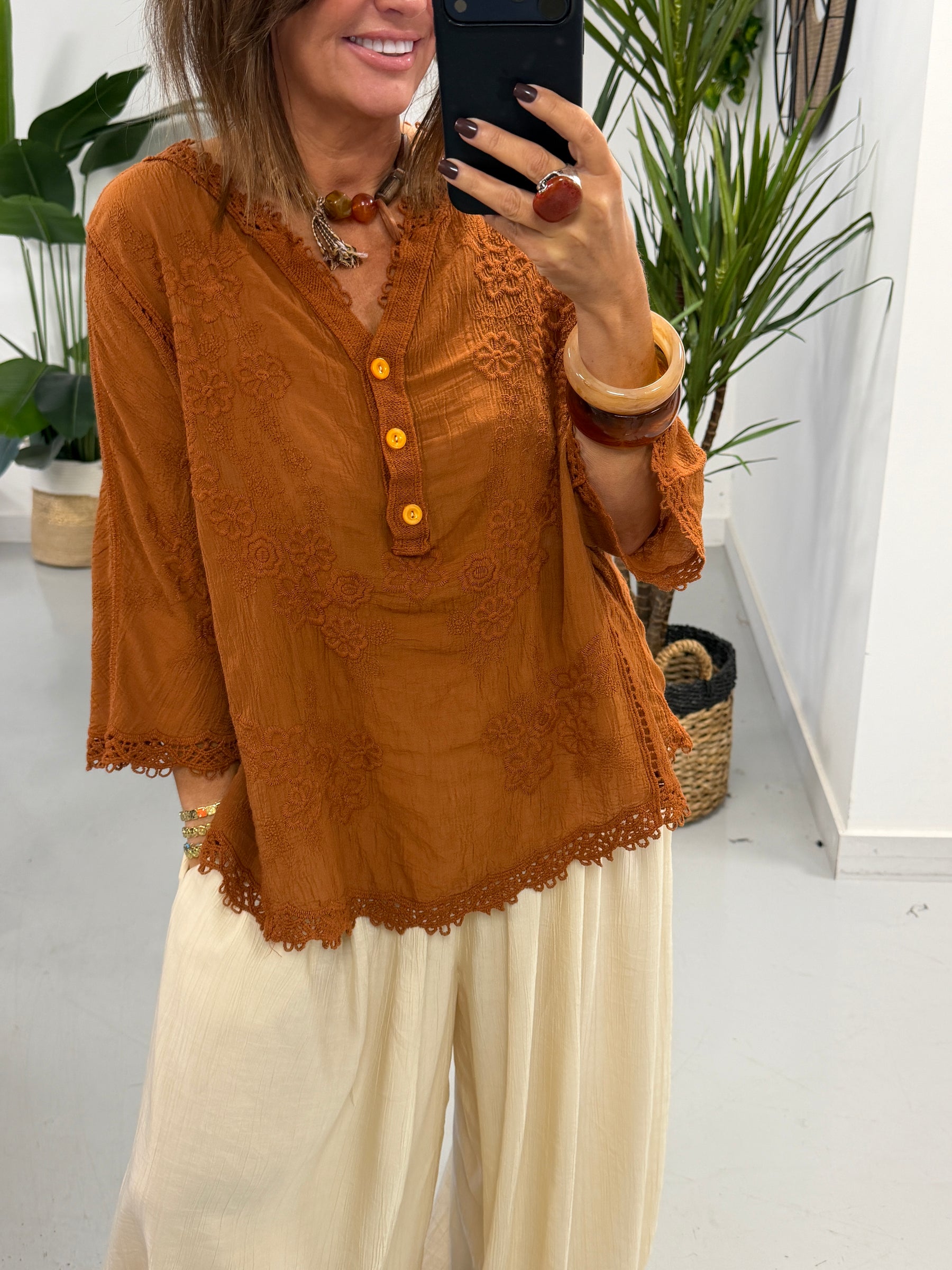 Seville Lace Button Up Top  - Rust