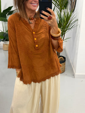 Seville Lace Button Up Top  - Rust