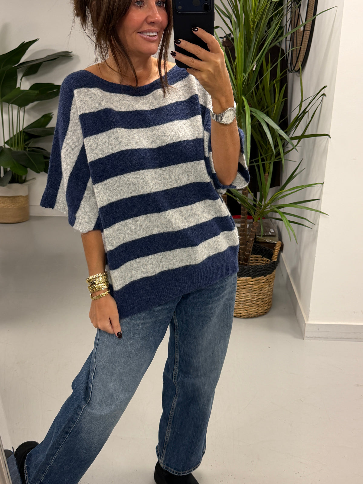 The Boat Neck Stripy Knit - Blue/Grey