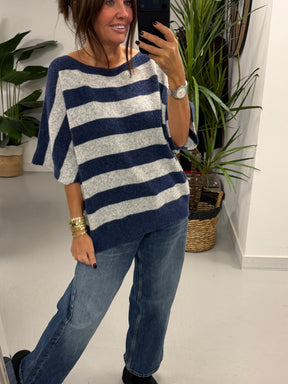 The Boat Neck Stripy Knit - Blue/Grey