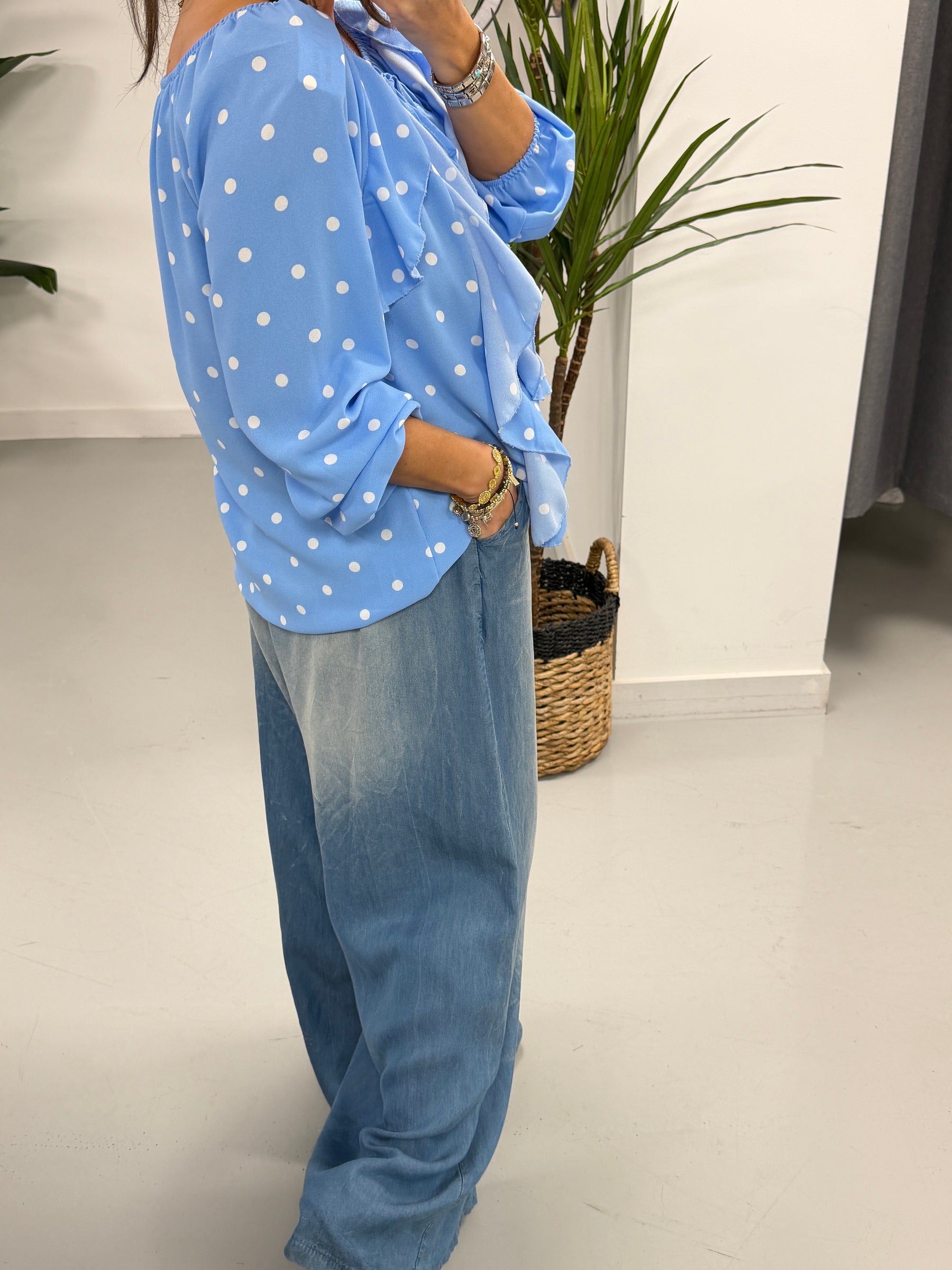 Dotty Waterfall Blouse - Blue