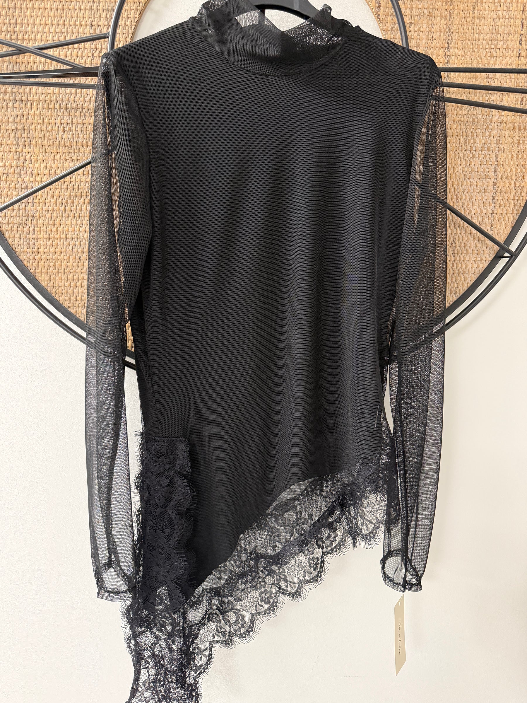 Asymmetrical lace trim lined Mesh Top - Black