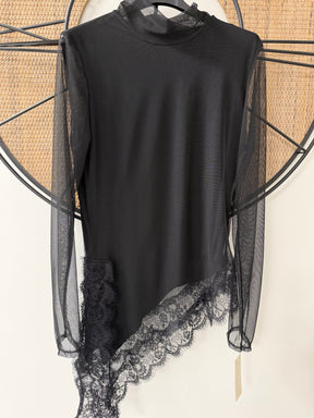 Asymmetrical lace trim lined Mesh Top - Black