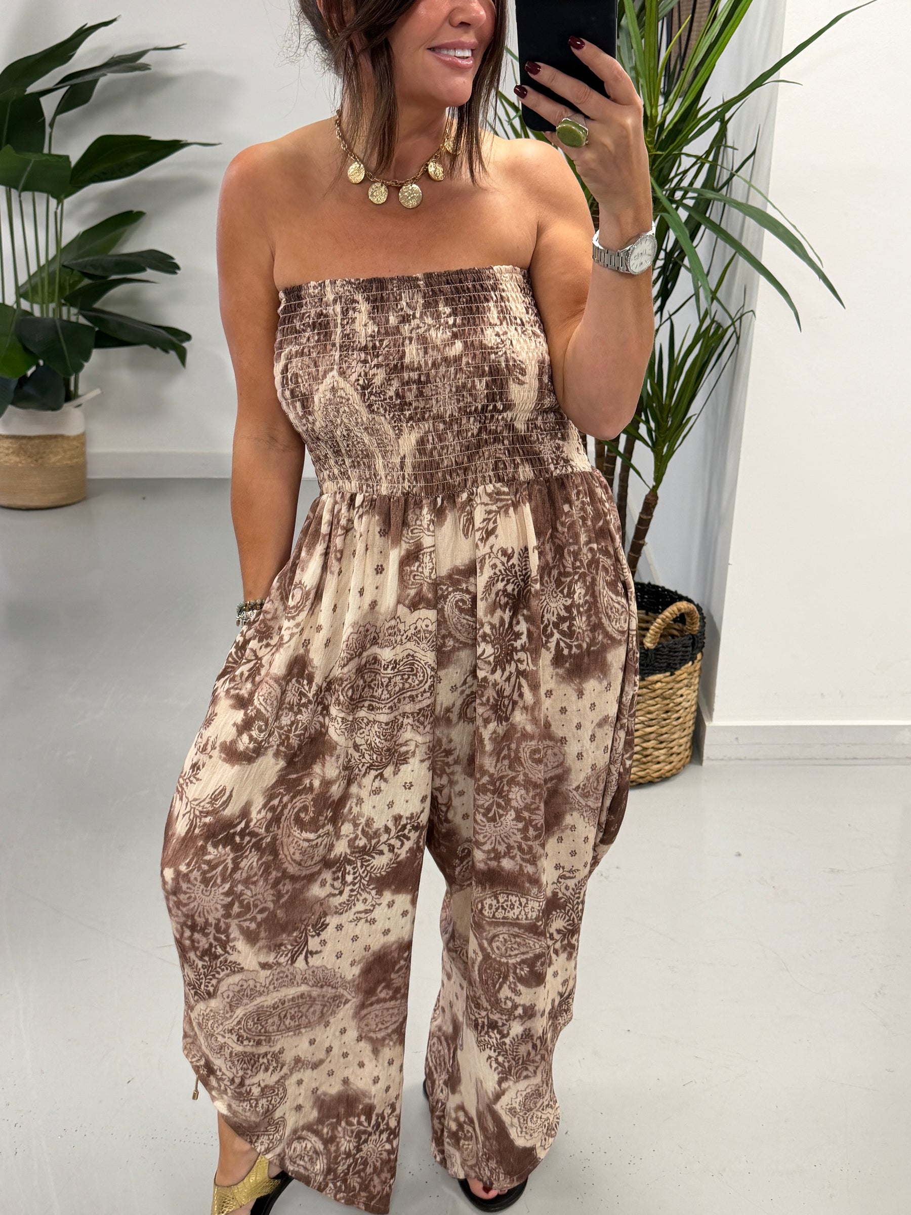 The Paisley Bandeau Jumpsuit- Taupe