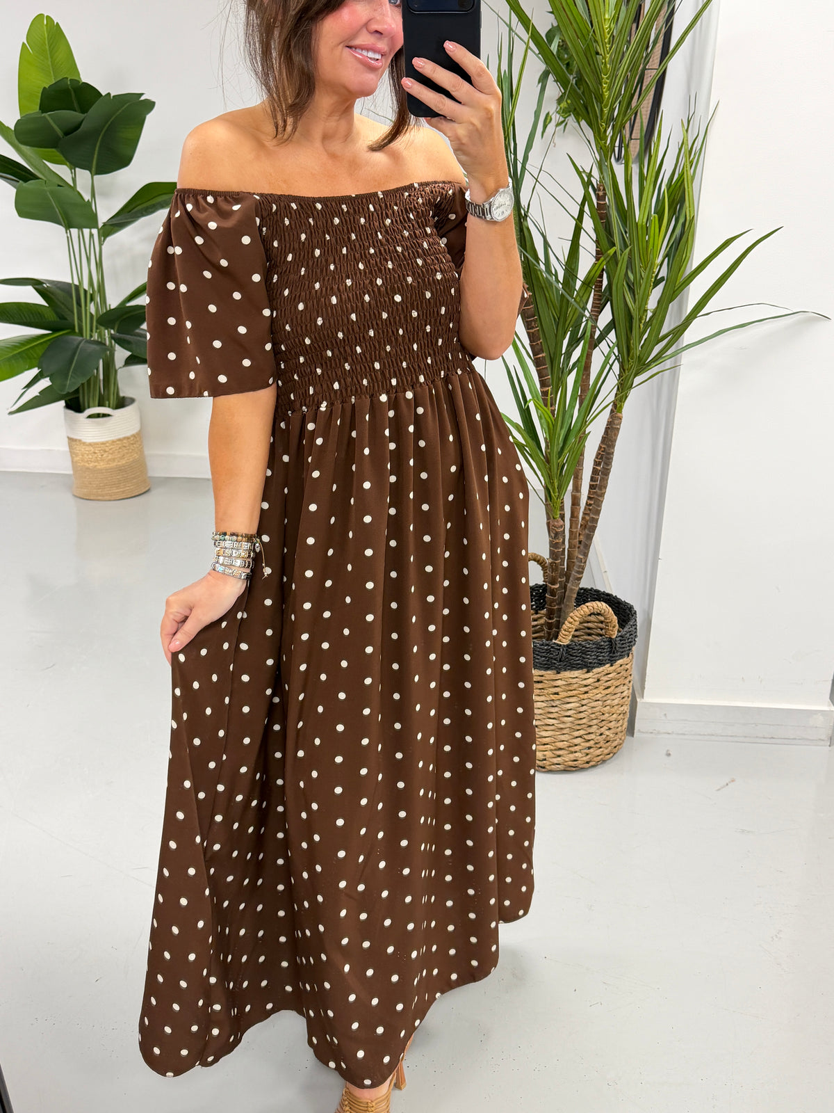 The Bardot Shirred Maxi - Chocolate Spot
