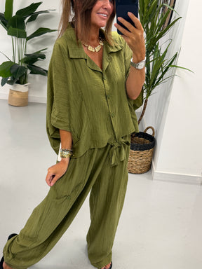 The Crinkle Button Tie Shirt - Khaki