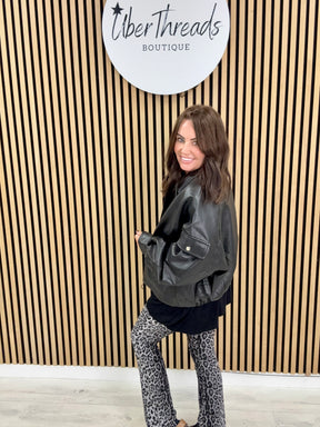 The Vegan Leather Ruched Back Bomber - Black