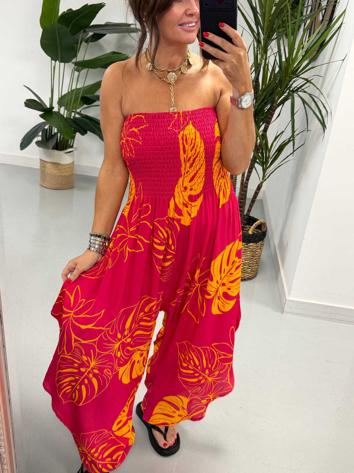 Leaf Bardot Jumpsuit - Pink/Orange