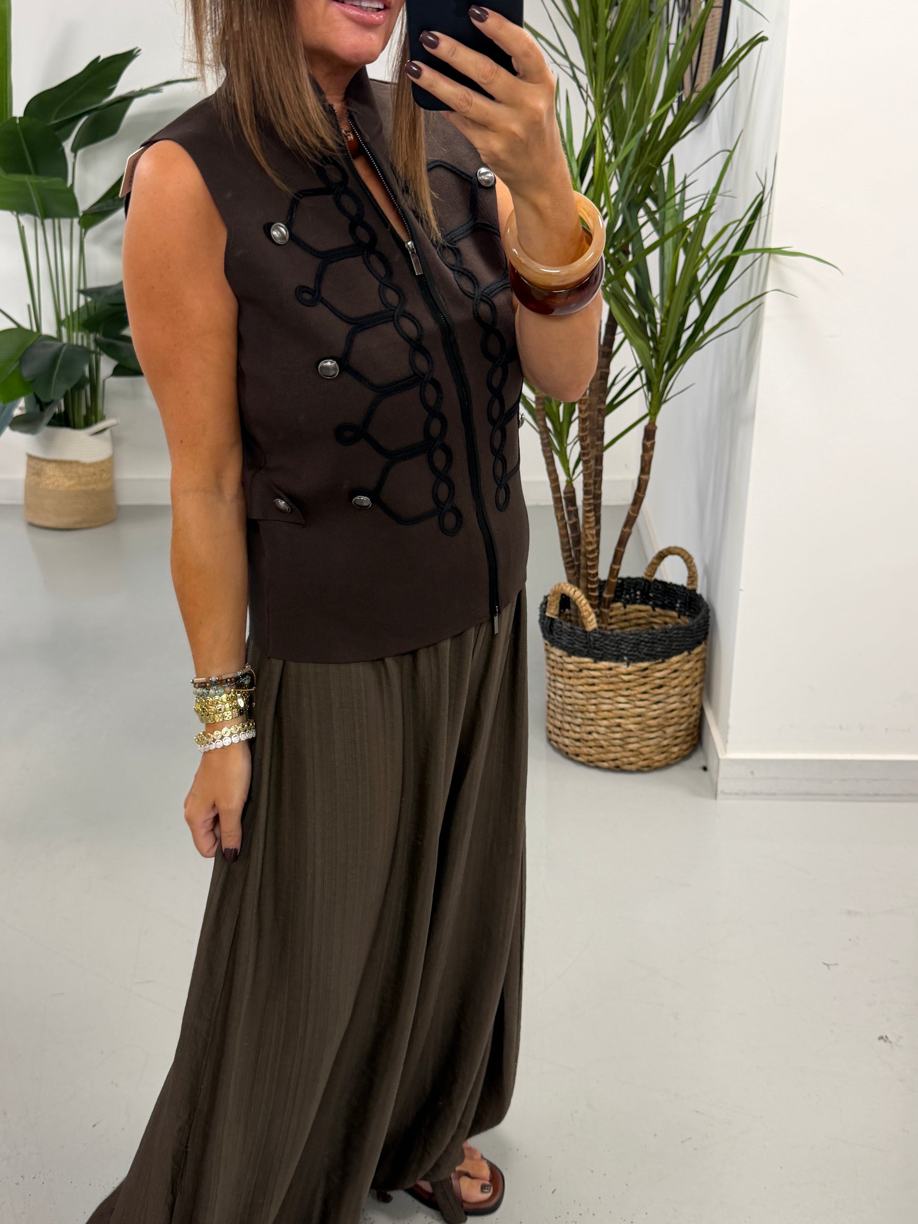 Military Patterned Knitted Waistcoat - Chocolate/Black