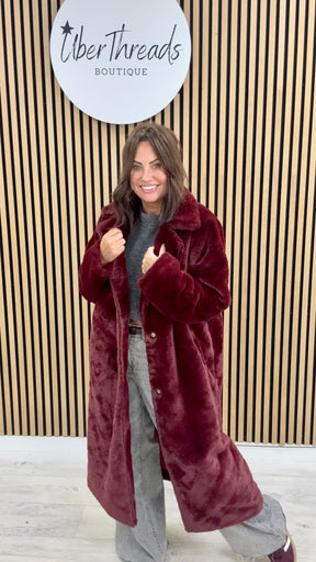 The Safron Longline Faux Fur Coat - Mulberry (fitting to size 14)