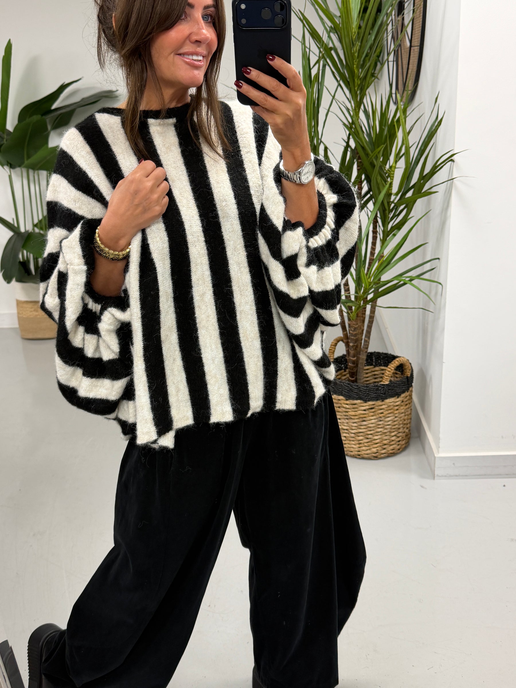 Zeta Otto Stripe Chunky Sleeve Knit - Black (Size 10-18)