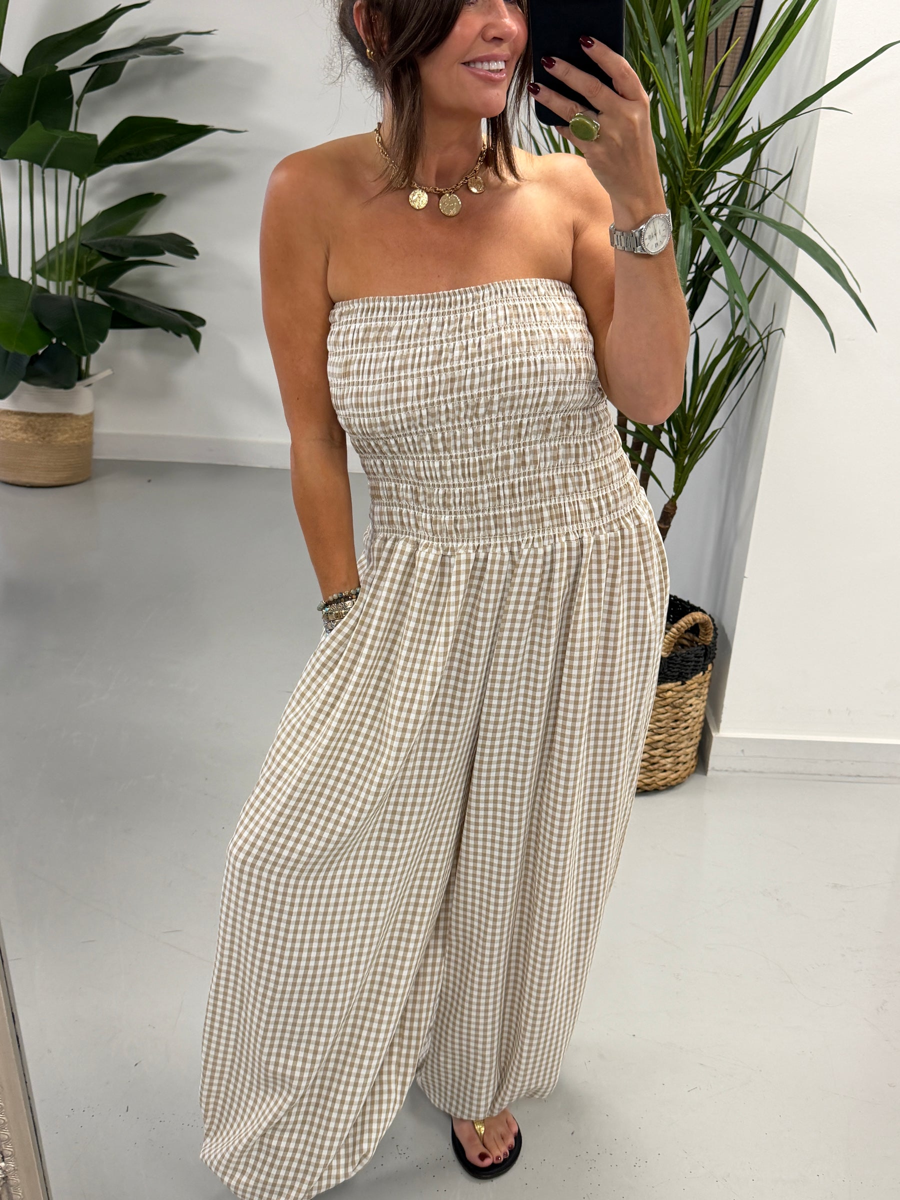 The Gingham Balloon Leg Jumpsuit- Mocha