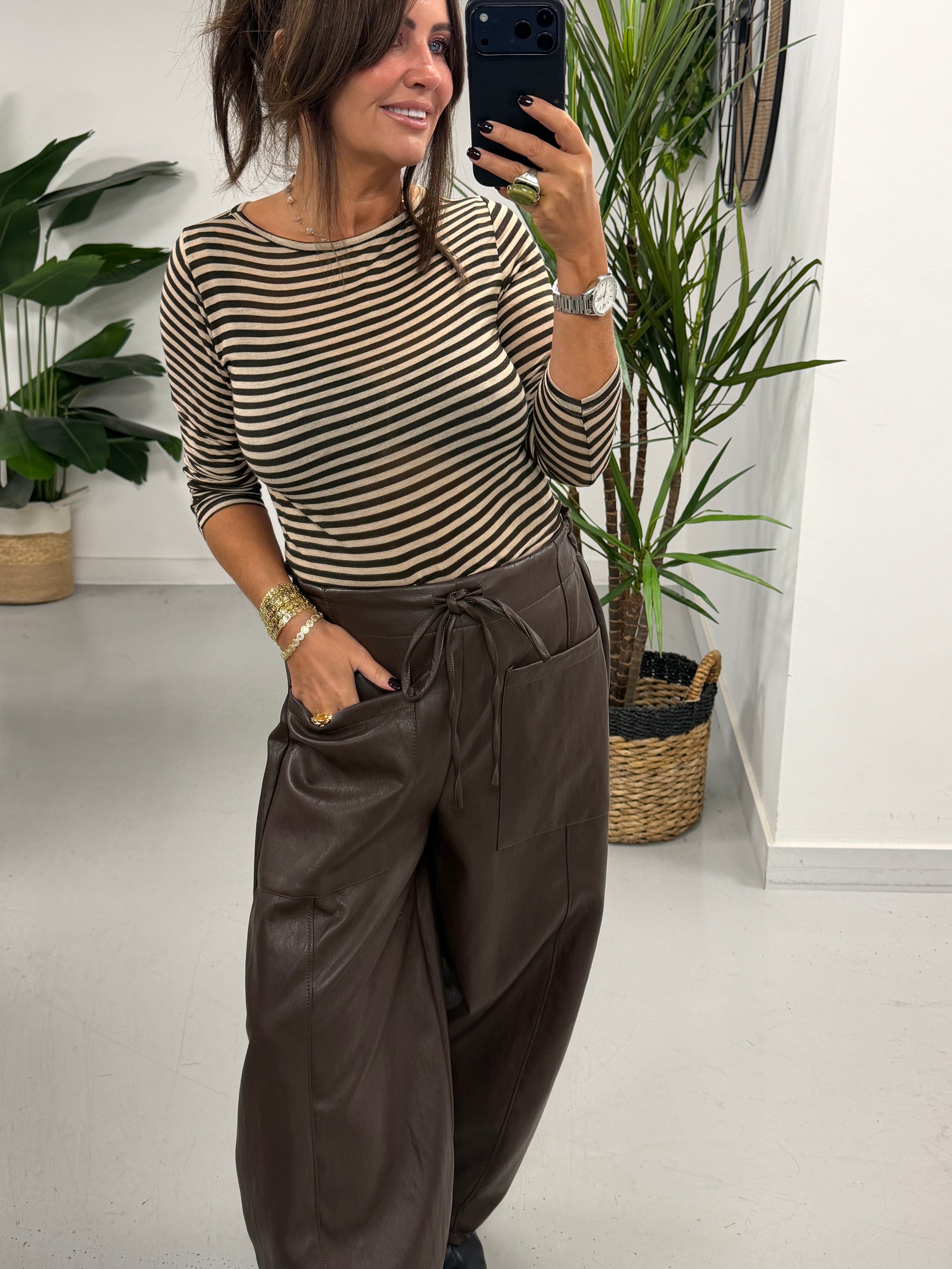 The Mayfair Butter Soft PU Barrel Trousers - Chocolate (Size 12-14)