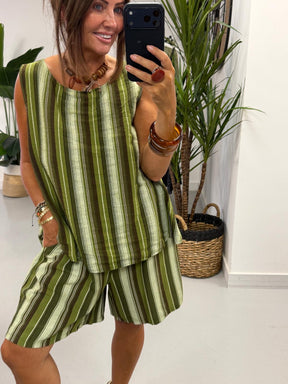 Belted Stripe Shorts Set - Green