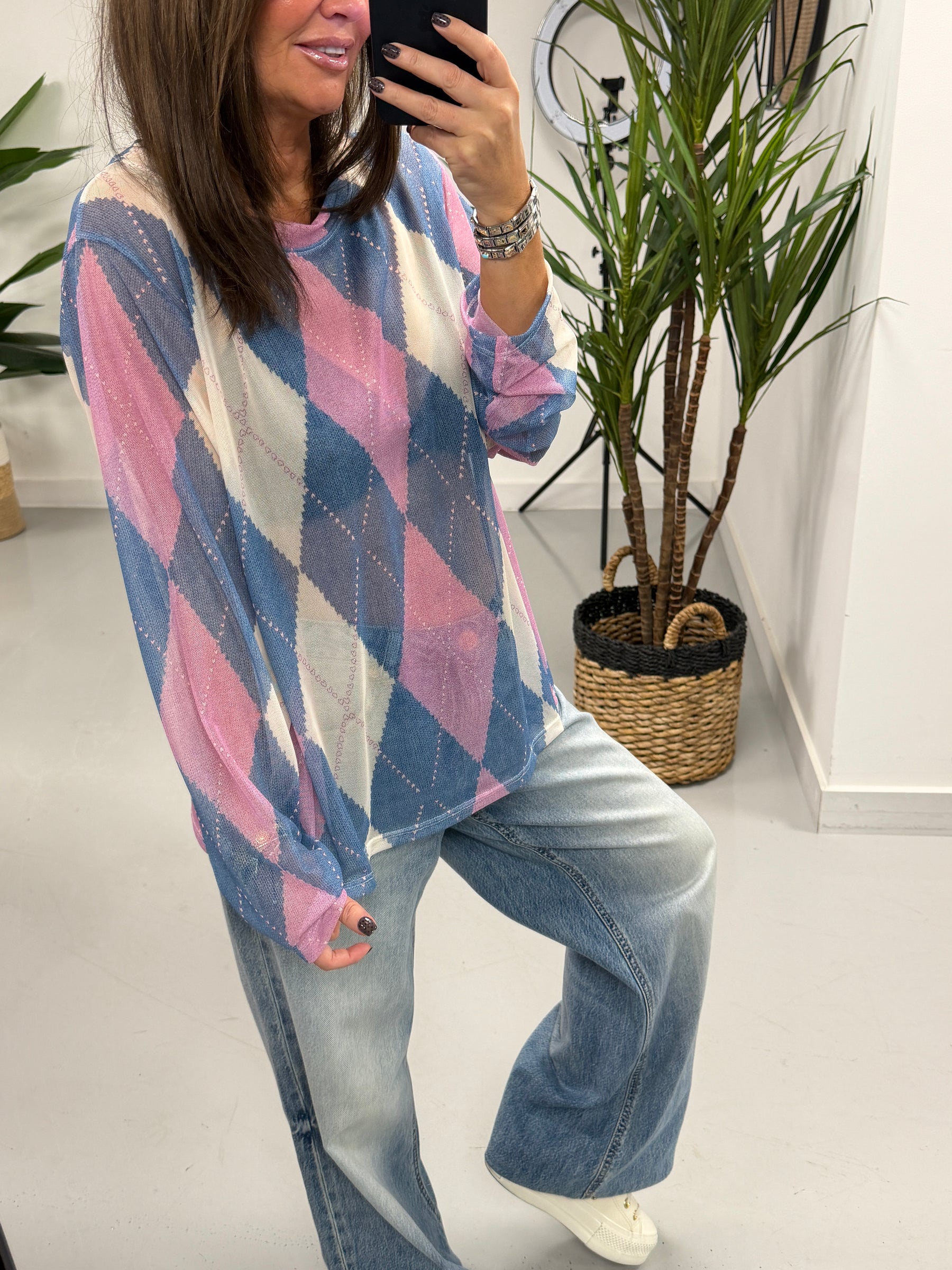 The Tartan Mesh Top - Denim Blue/Pink