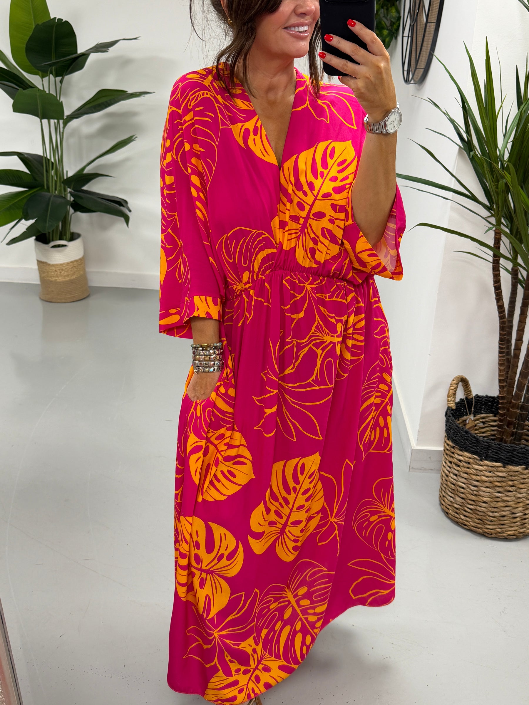 Leaf Cross Over Dress - Pink/Orange