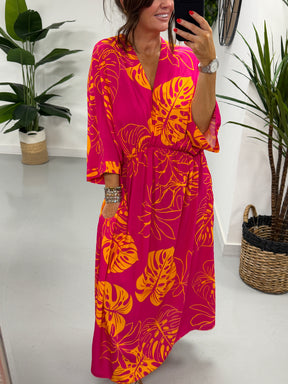 Leaf Cross Over Dress - Pink/Orange