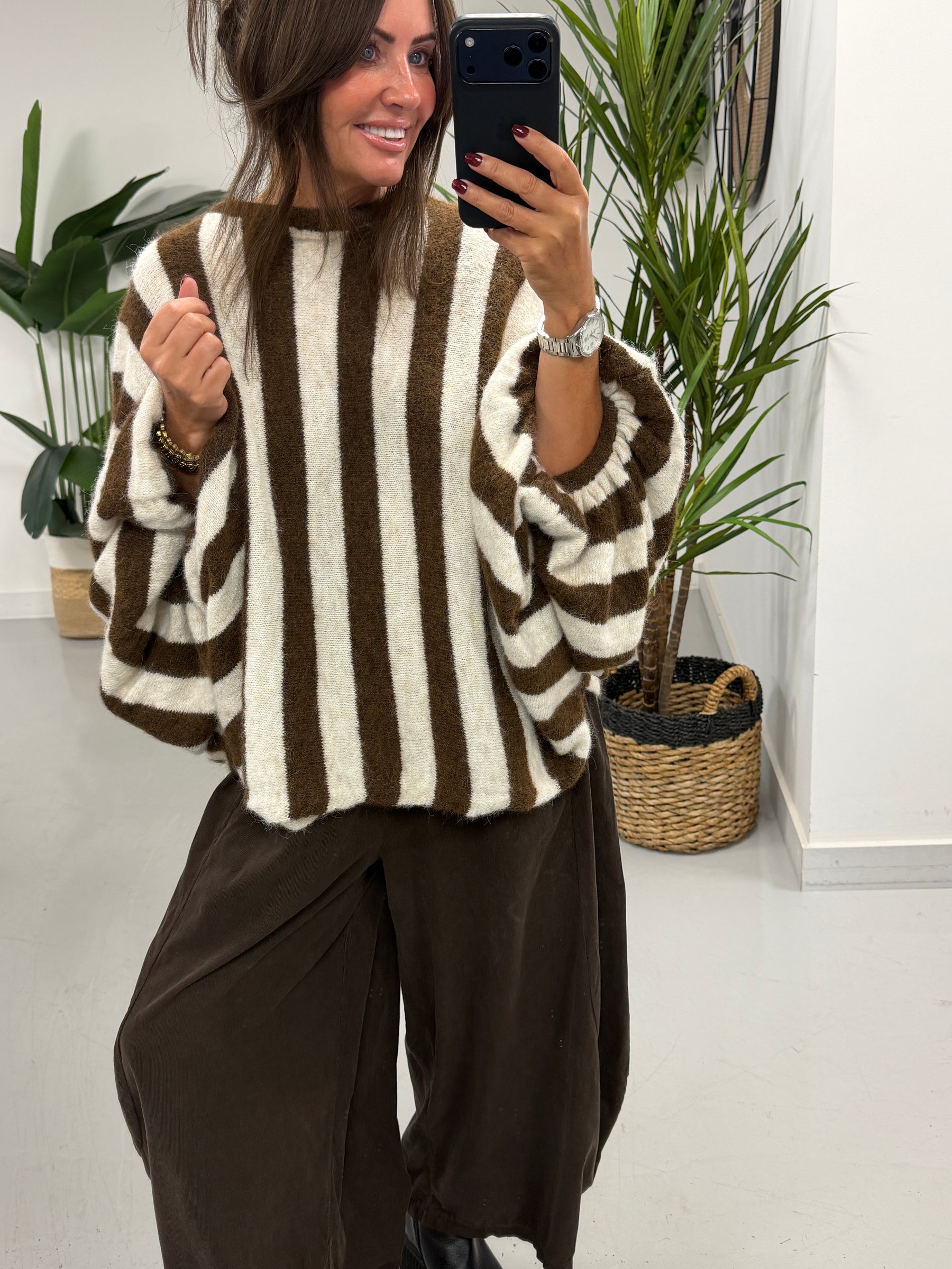 Zeta Otto Stripe Chunky Sleeve Knit - Chocolate (Size 10-18)