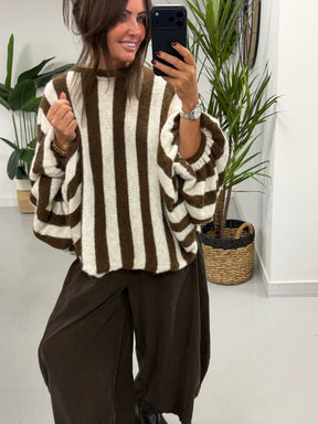Zeta Otto Stripe Chunky Sleeve Knit - Chocolate (Size 10-18)