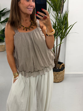 Crinkle Bubble Hem/Lace Cami - Mushroom
