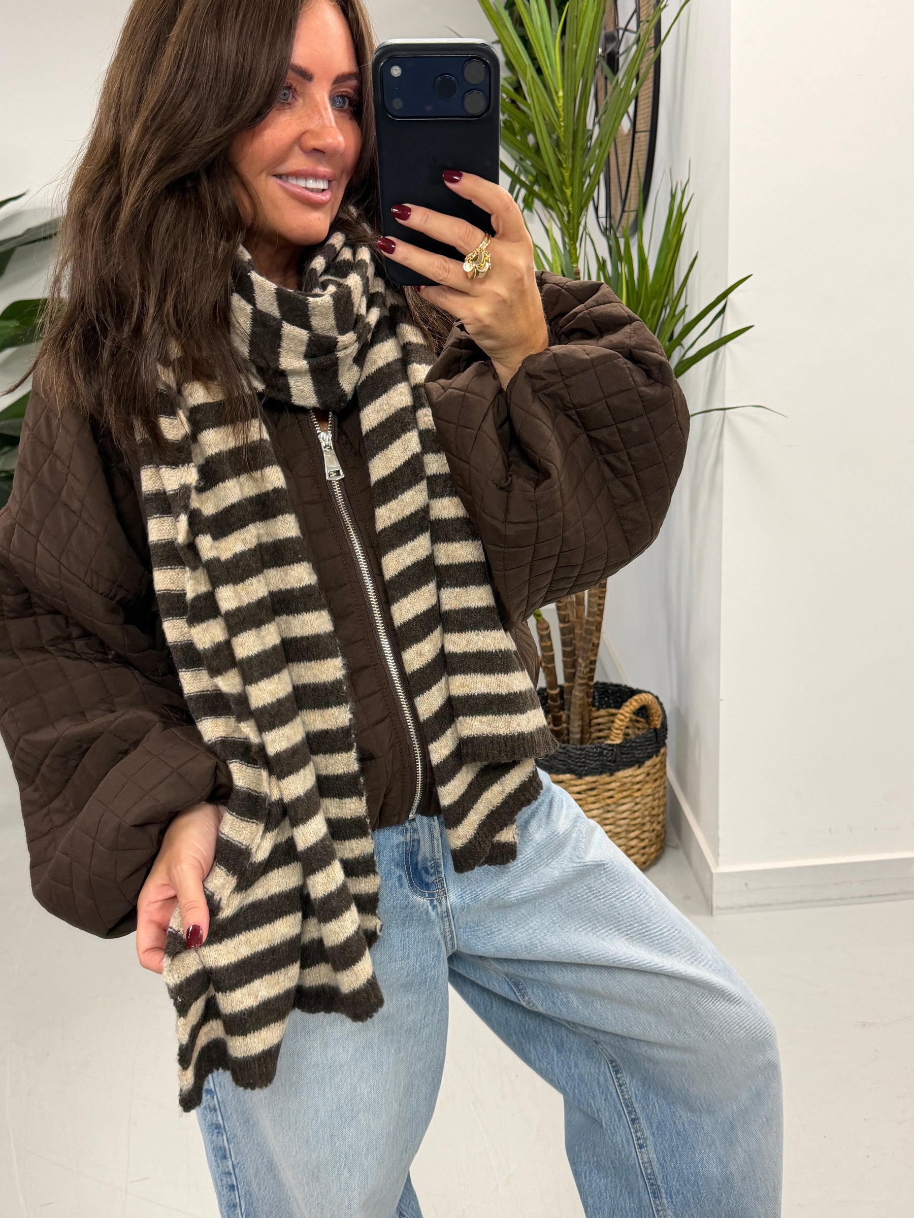 Wool Mix Stripe Scarf - Chocolate/Cream