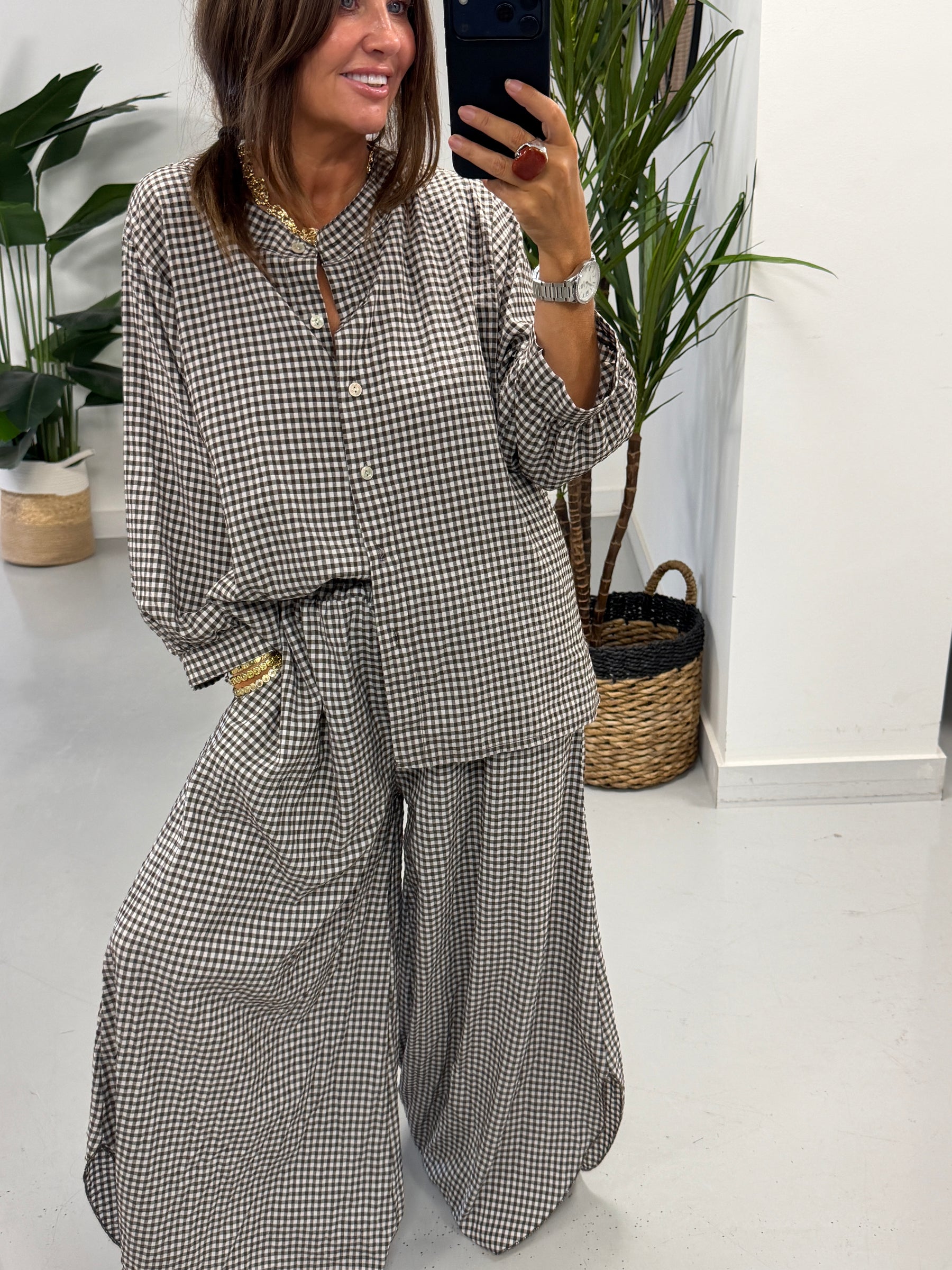 The Gingham Split Wide Leg Trousers - Chocolate