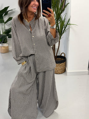 The Gingham Split Wide Leg Trousers - Chocolate