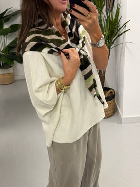 Wool Mix Neckerchief Stripe Scarf - Green/Brown