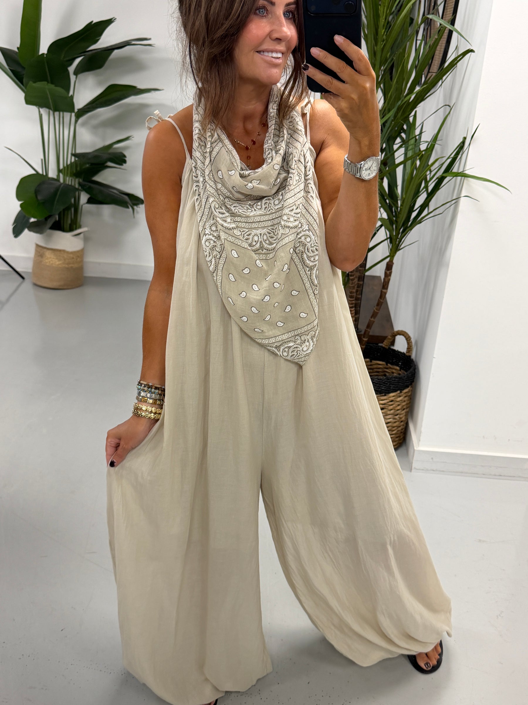 Bandana Scarf Jumpsuit - Stone (Due in in next few days)