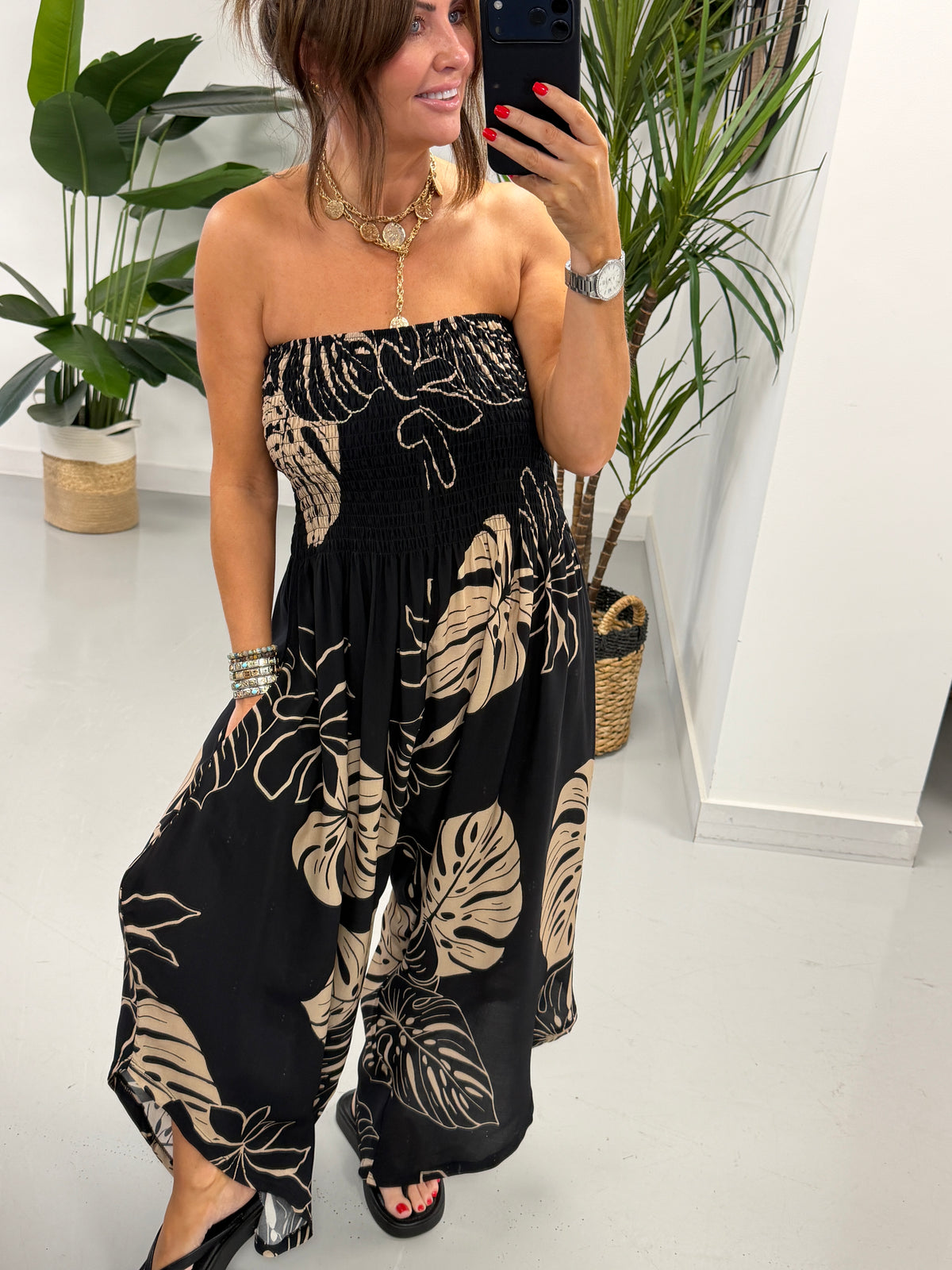 PRE ORDER Leaf Bardot Jumpsuit - Black/Gold