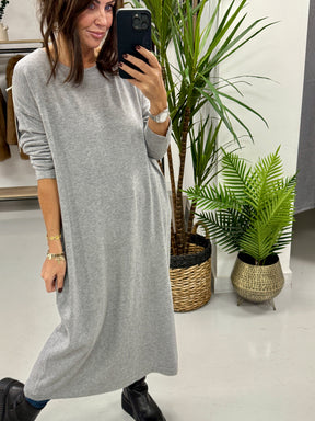 Knitted Button Back Dress - Grey