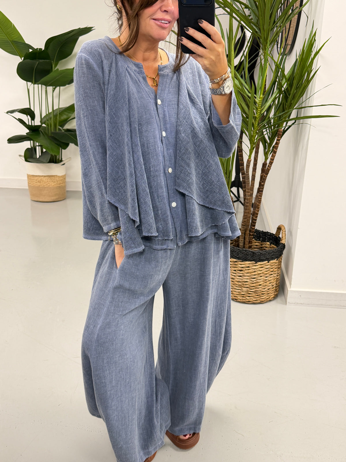 Sahara Ruffle Button Blouse - Denim Blue