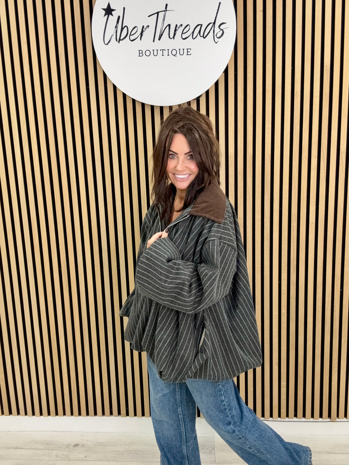 Zeta Otto Stripe And Cord Bomber - Grey