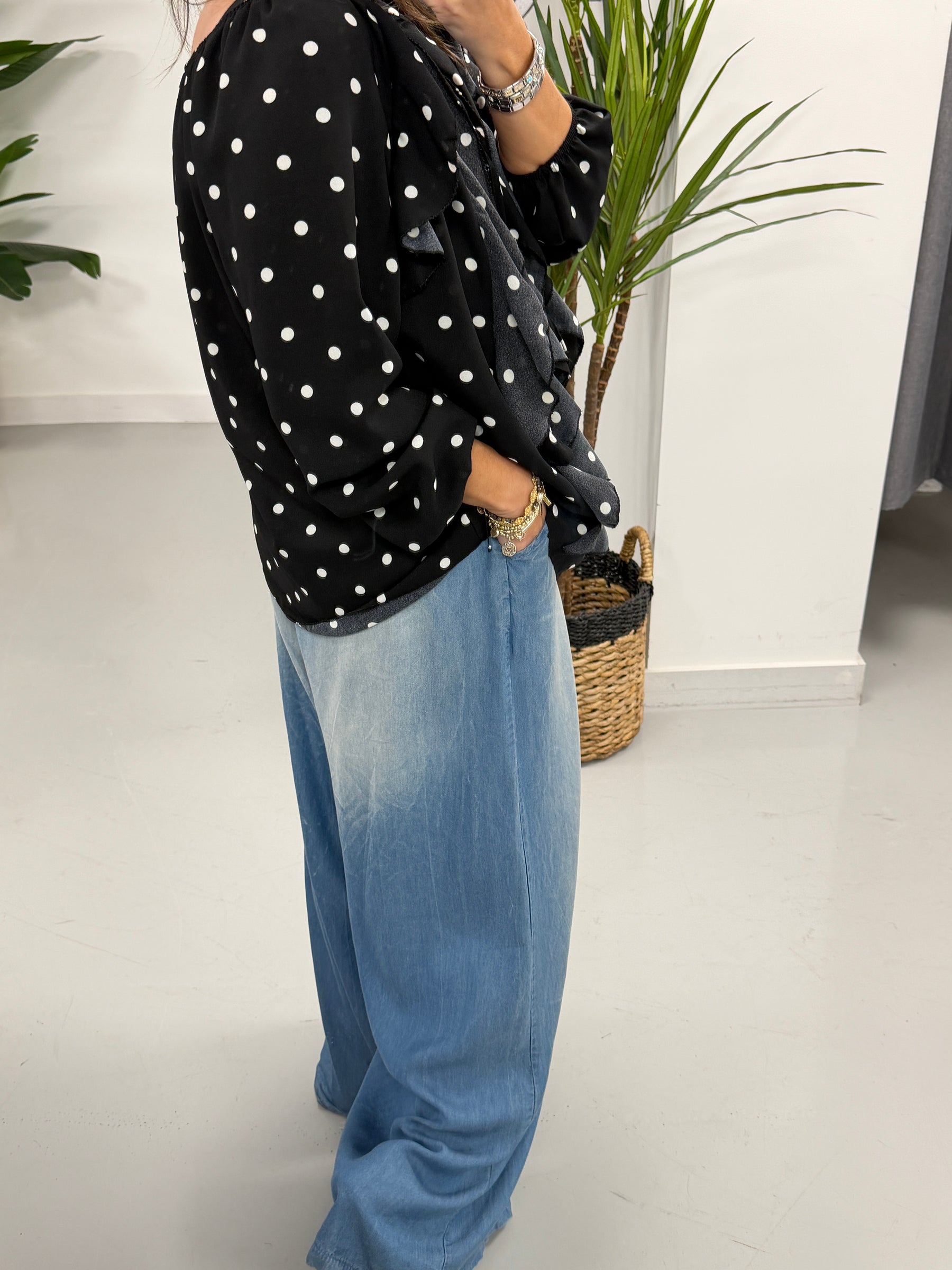 Dotty Waterfall Blouse - Black