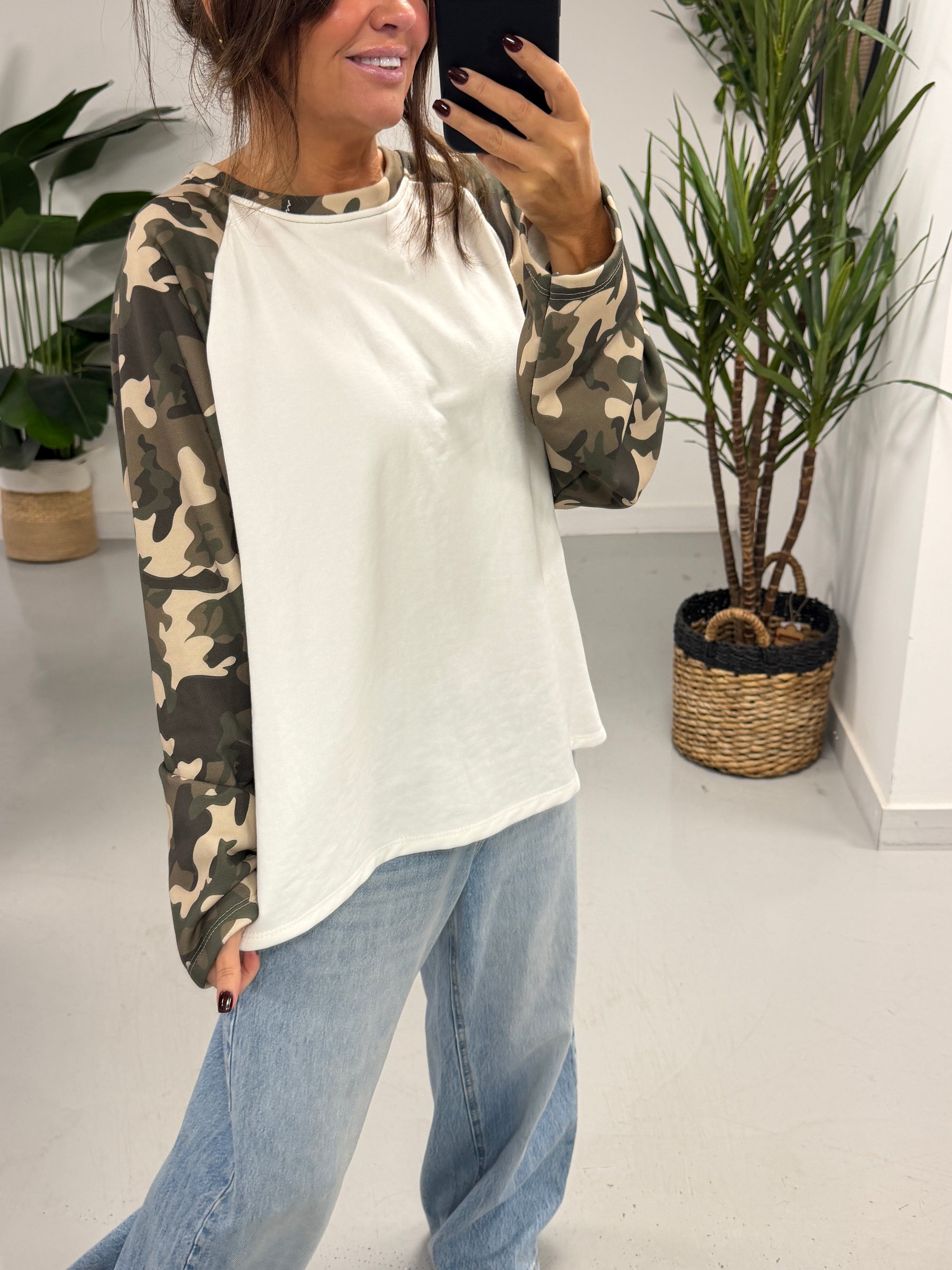 The Conrad Camo Raglan Sweater - White