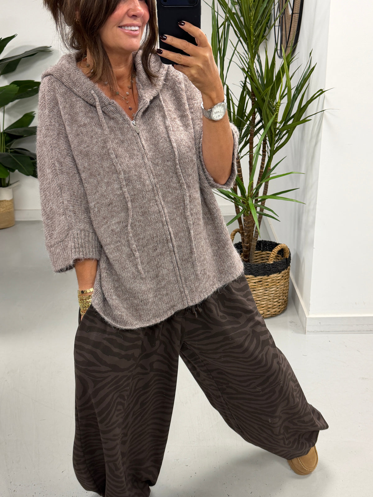 Hooded Zipped Cardigan - Mink(Size 12-18)