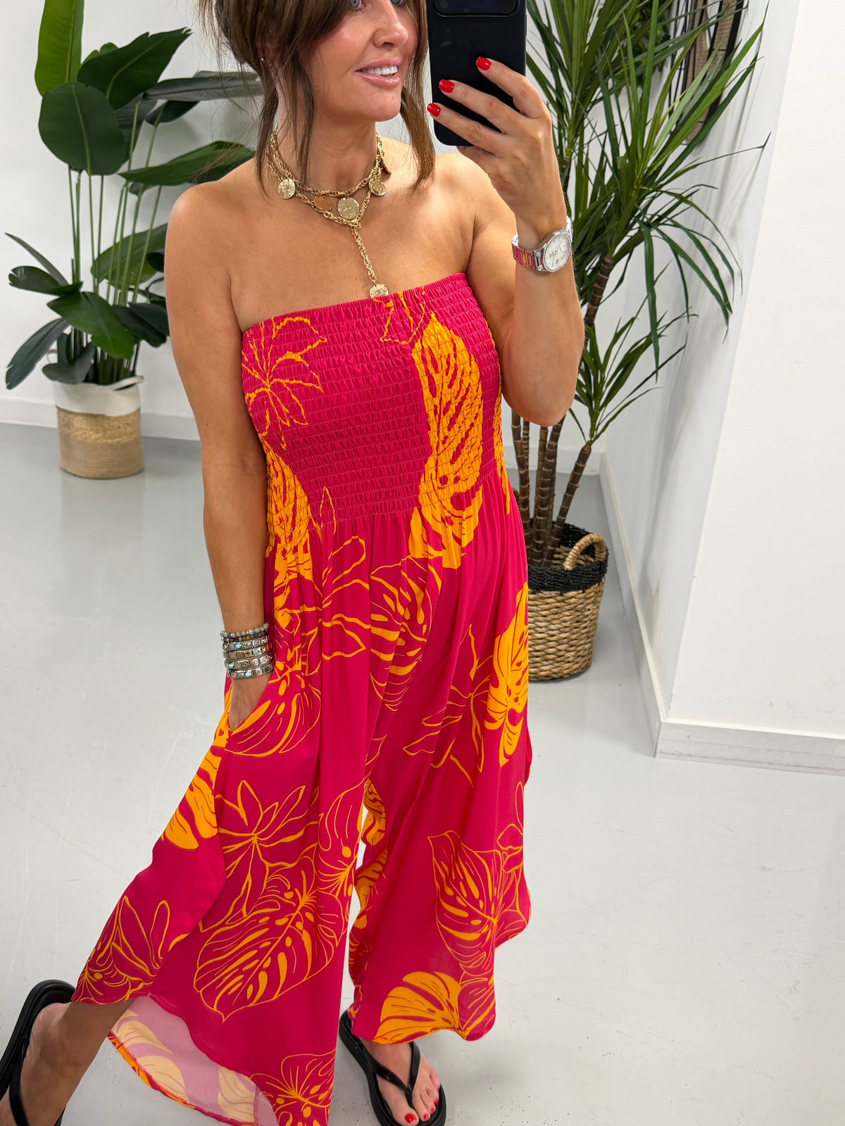 Leaf Bardot Jumpsuit - Pink/Orange